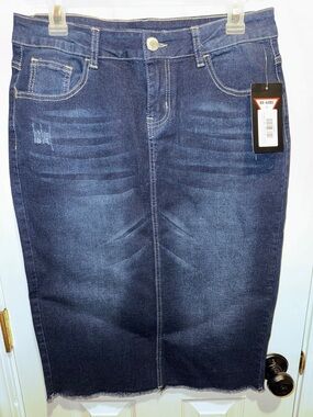 BE-GIRL Dark Blue Denim Straight Pencil Skirt